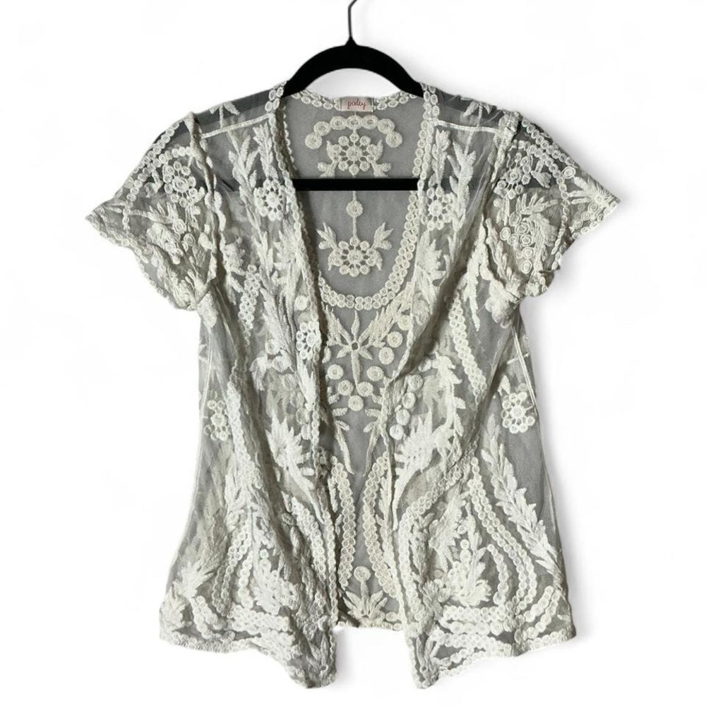 Pixley White Floral Lace Mesh Open Front Cardigan Fairycore Shrug S SFT2008‎